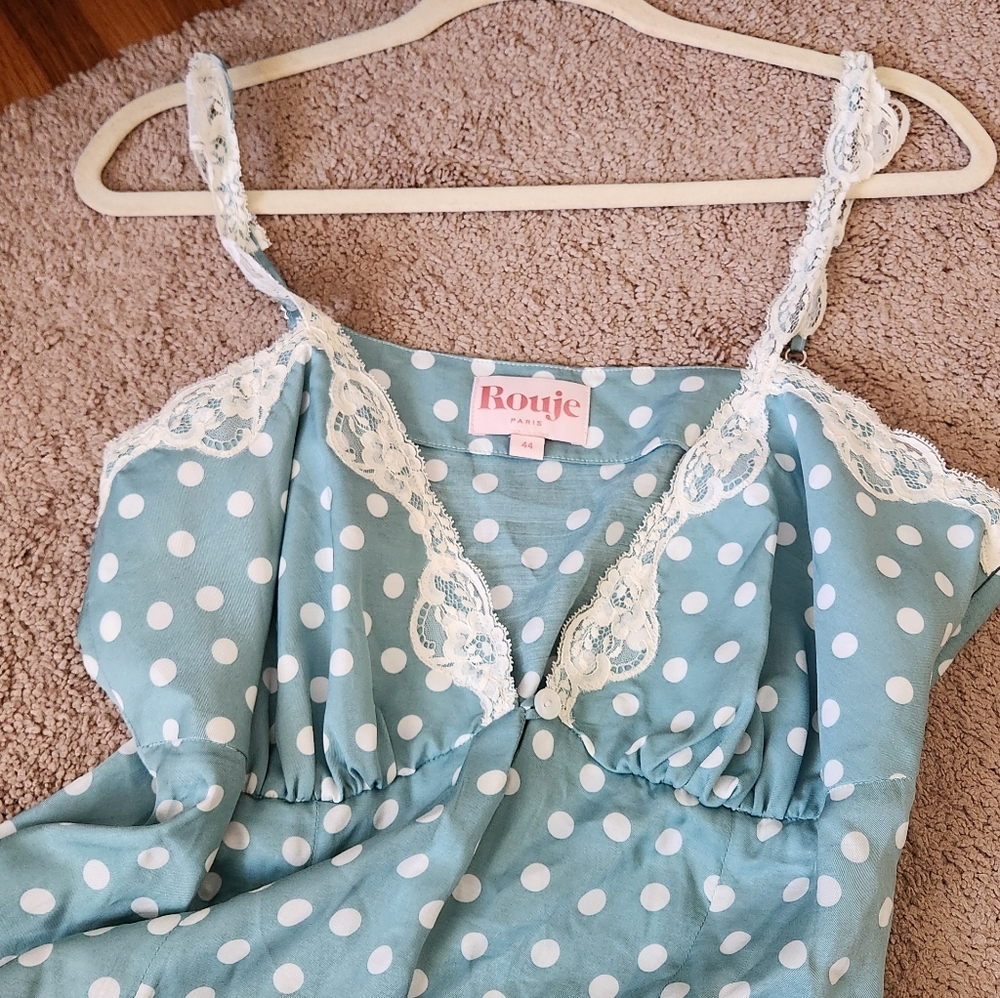 Rouje Paris Ramonata Teal Polka Dot Lace Chemise Slip Dress 12 - Picture 4 of 9